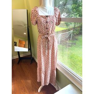 Cottagecore Floral Maxi Dress Sz M Monteau Puff Sleeves Bow Tiered BNWT